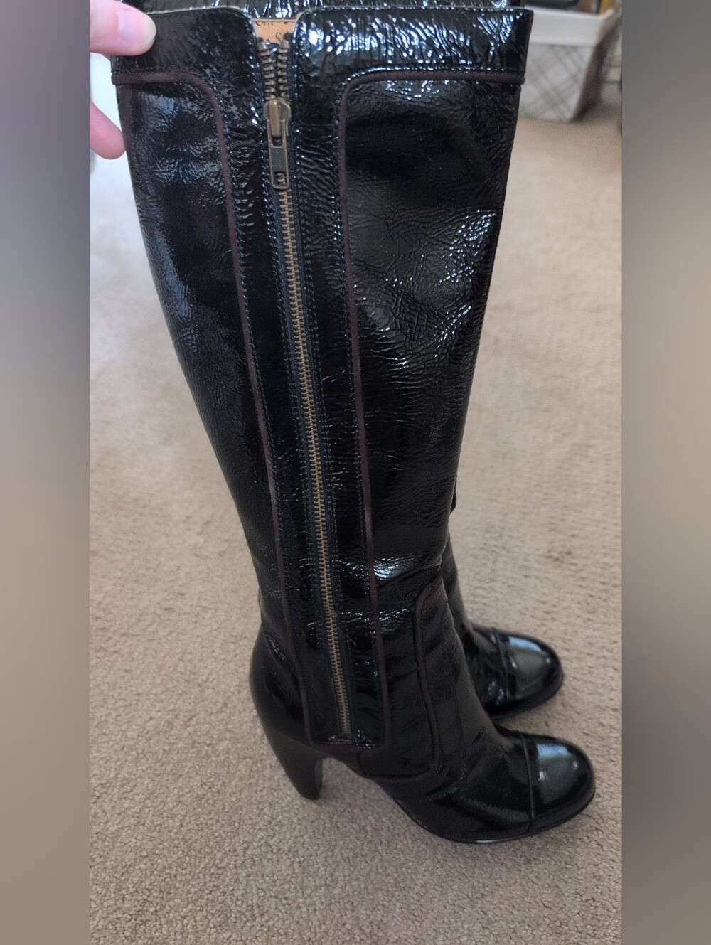 Sofft Vintage Y2K Black Patent Leather Heeled Knee High Boots With Zippers - Picture 4 of 8